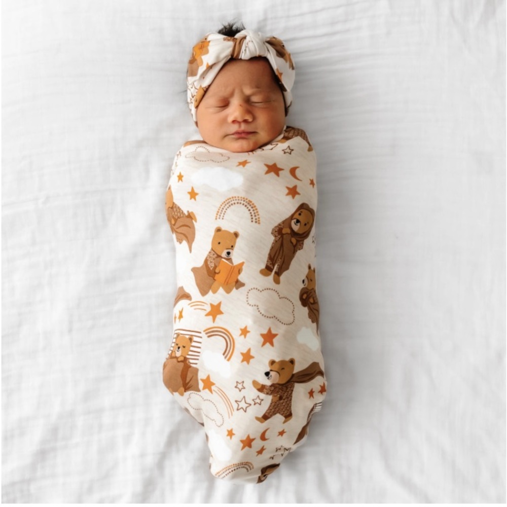 Little Sleepies Beary Sleepy Swaddle Blanket and Headband Bow Set - NWT - HTF